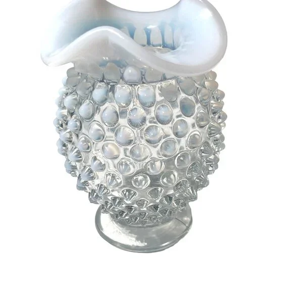 Fenton Vintage White Hobnail Opalescent Milk Glass Vase Petite Ruffled Edge Deco